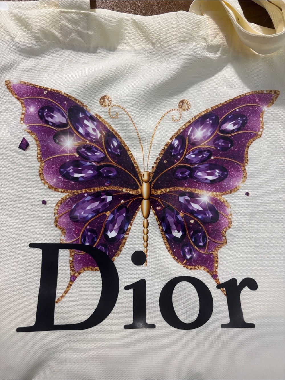 Cream Tote with Purple Butterfly Motif - Picture 2 of 6